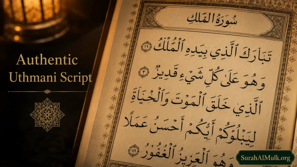 Surah Mulk Arabic 4 Uthmani script style Quran page representing Surah Al-Mulk